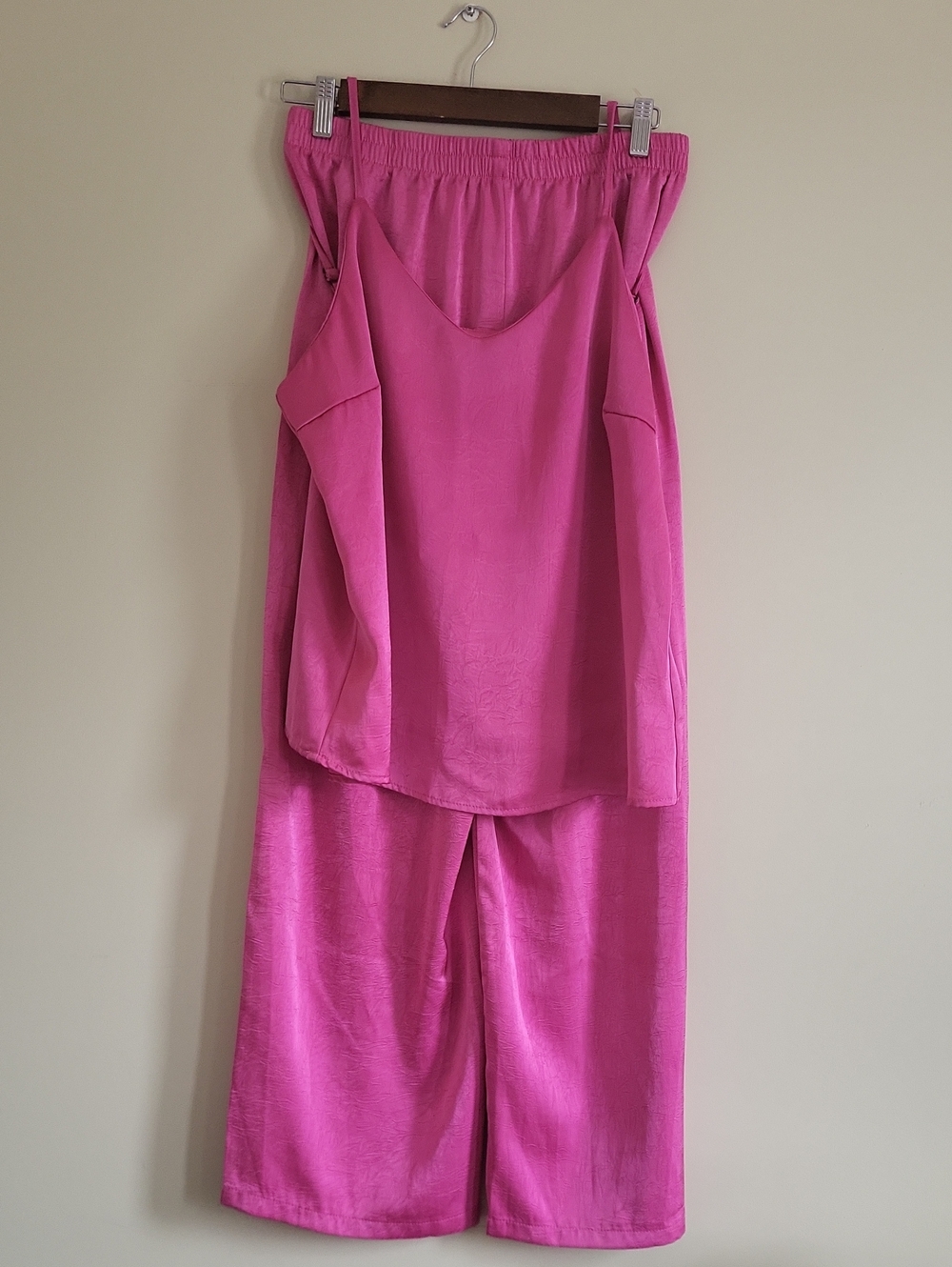 Two-Piece Satin Lounge Set, XL, Wide Leg Pants & Camisole In Hot Pink